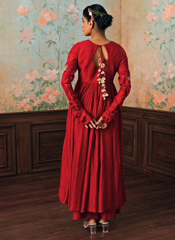 Red Cotton Silk Anarkali Set