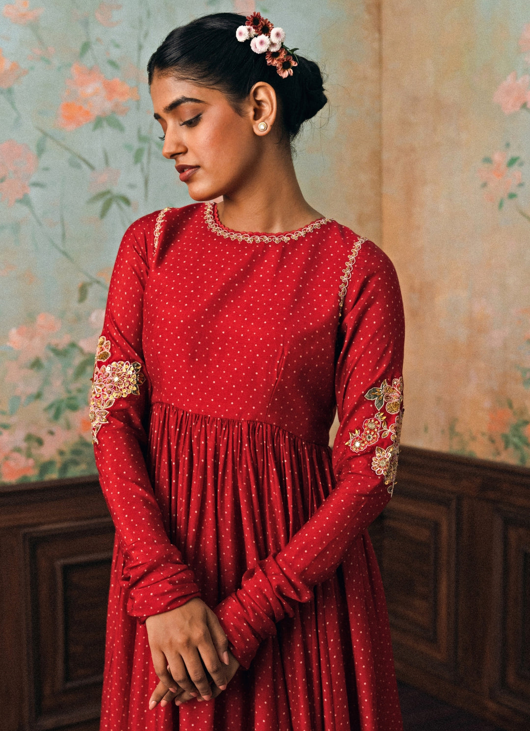 Red Cotton Silk Anarkali Set