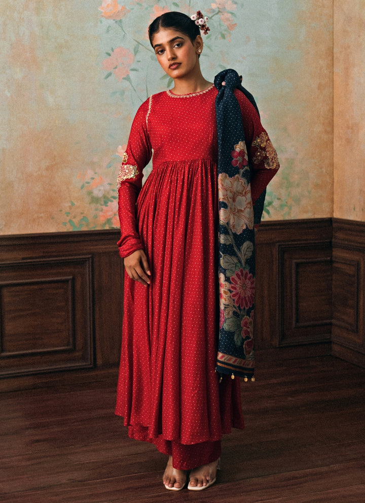 Red Cotton Silk Anarkali Set