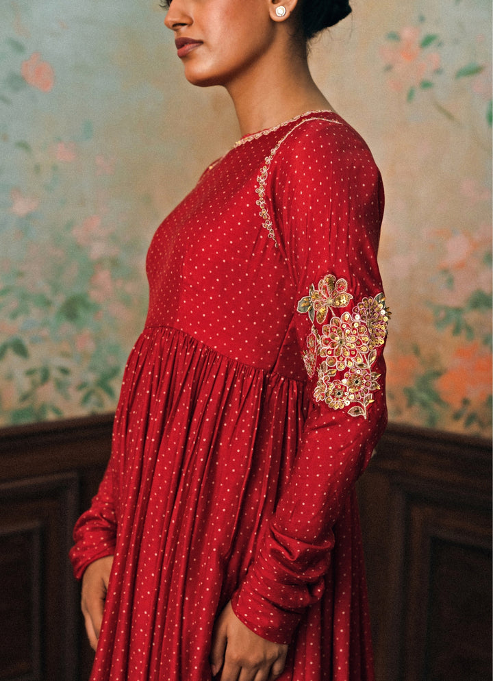 Red Cotton Silk Anarkali Set