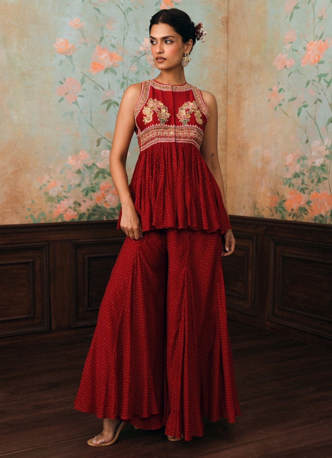 Crimson Red Peplum Kurta Palazzo Set