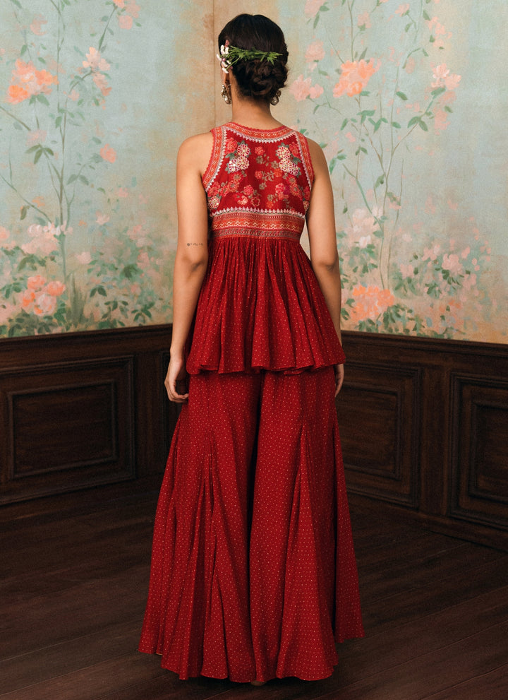 Crimson Red Peplum Kurta Palazzo Set
