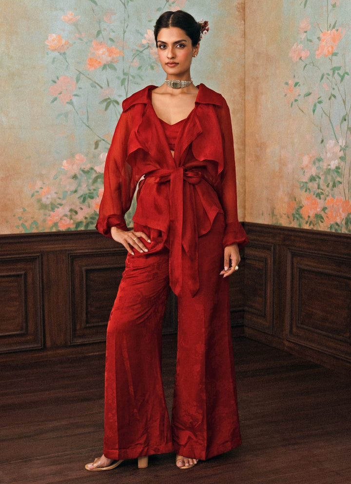 Crimson Red Jacquard Pants Set With Jacket