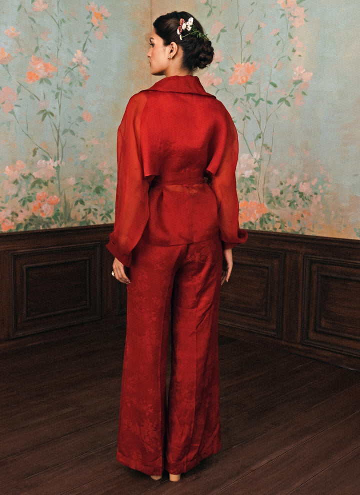 Crimson Red Jacquard Pants Set With Jacket