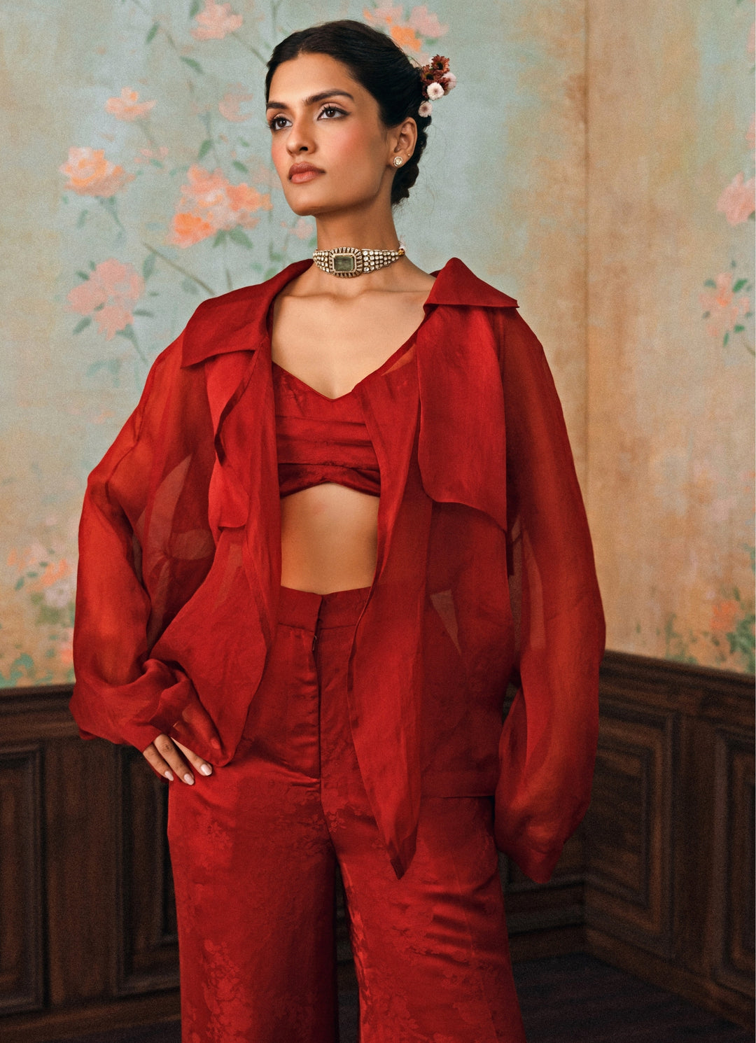 Crimson Red Jacquard Pants Set With Jacket
