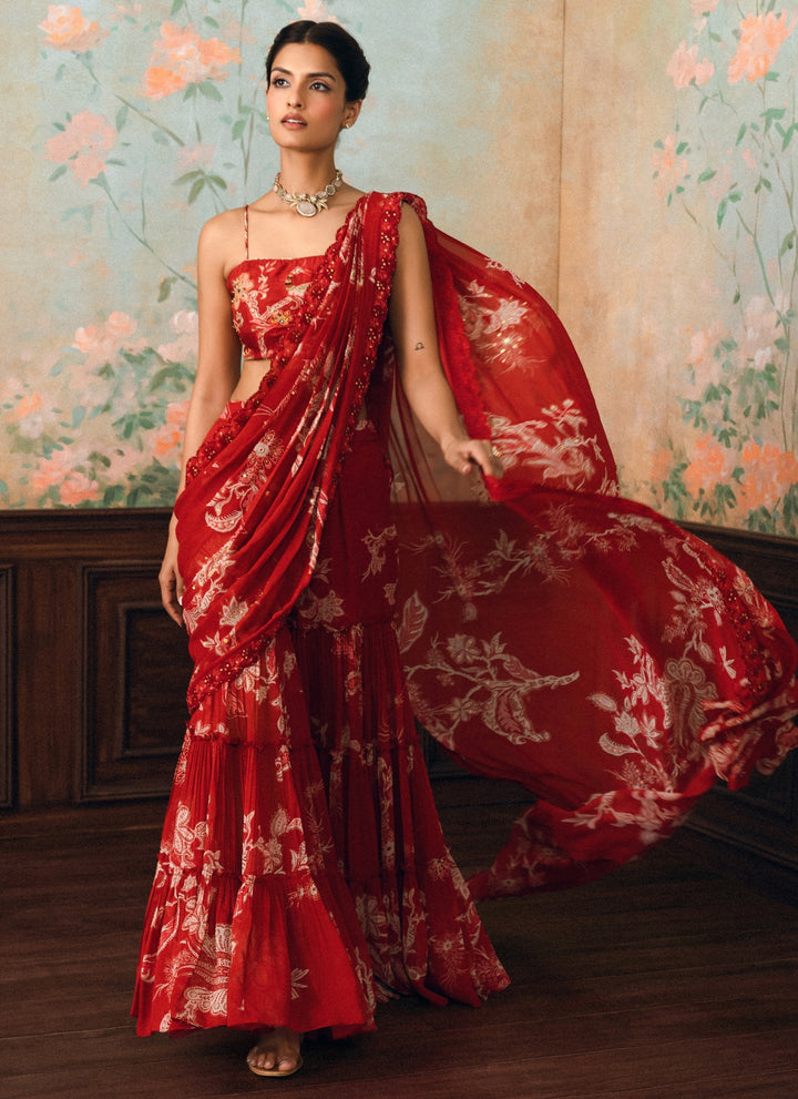 Red Printed Georgette Pants Saree Set
