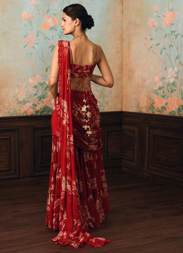 Red Printed Georgette Pants Saree Set