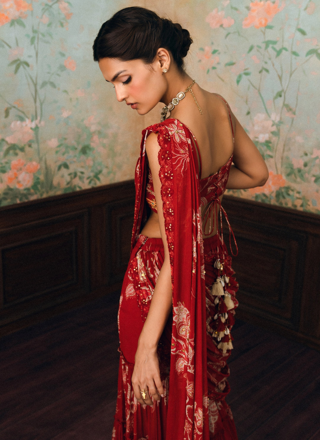 Red Printed Georgette Pants Saree Set