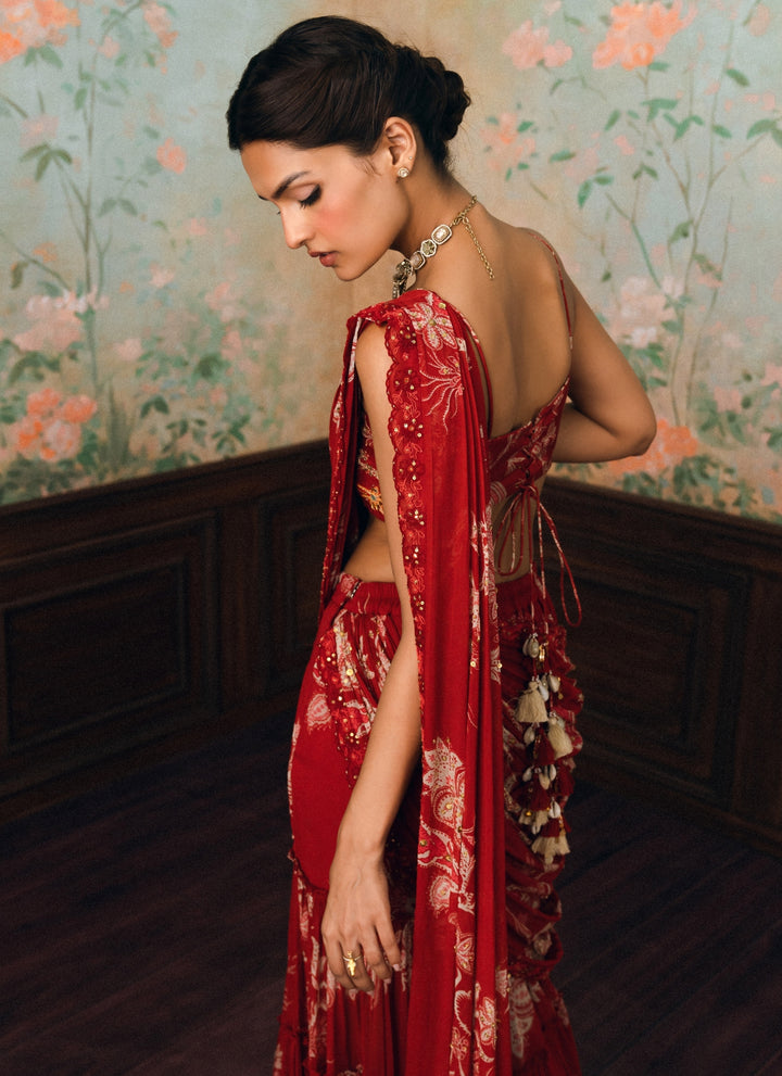 Red Printed Georgette Pants Saree Set