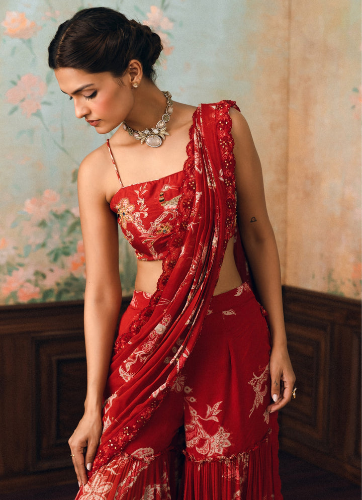 Red Printed Georgette Pants Saree Set