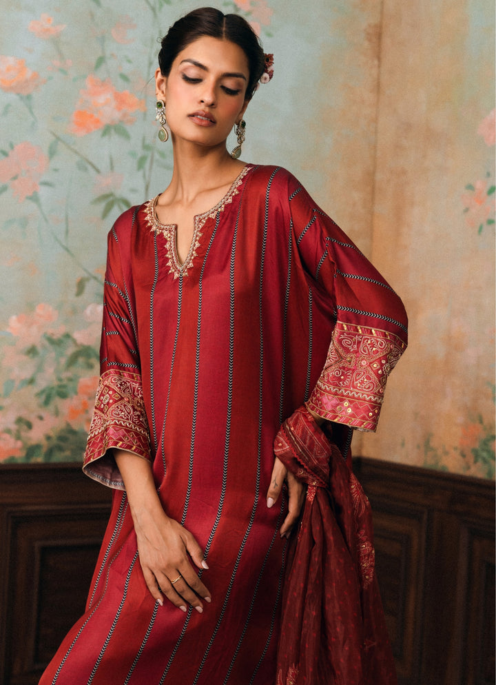 Crimson Red Printed Satin Kurta Pants Set