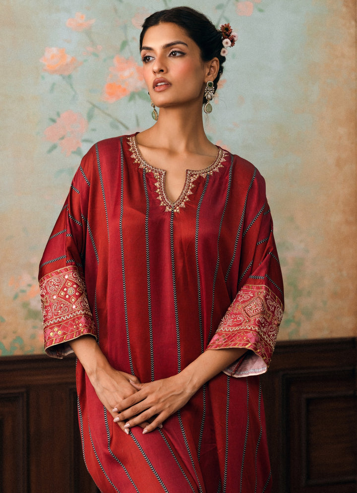 Crimson Red Printed Satin Kurta Pants Set