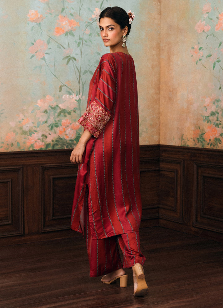 Crimson Red Printed Satin Kurta Pants Set
