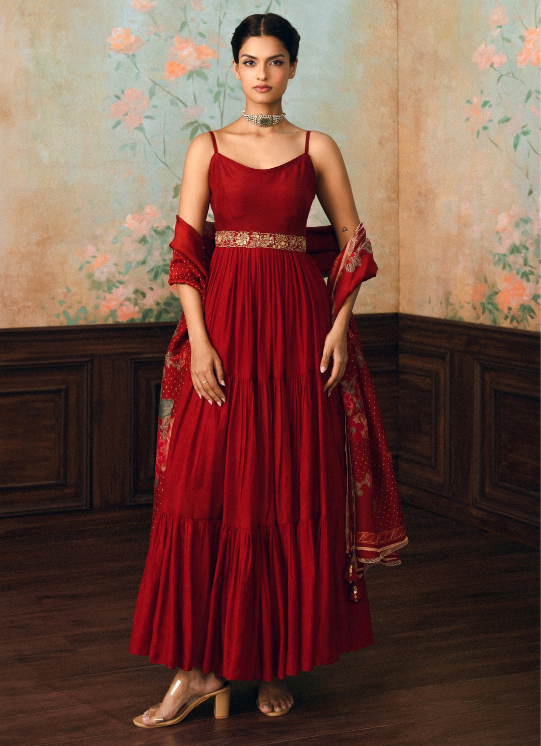 Crimson Red Silk Anarkali Gown