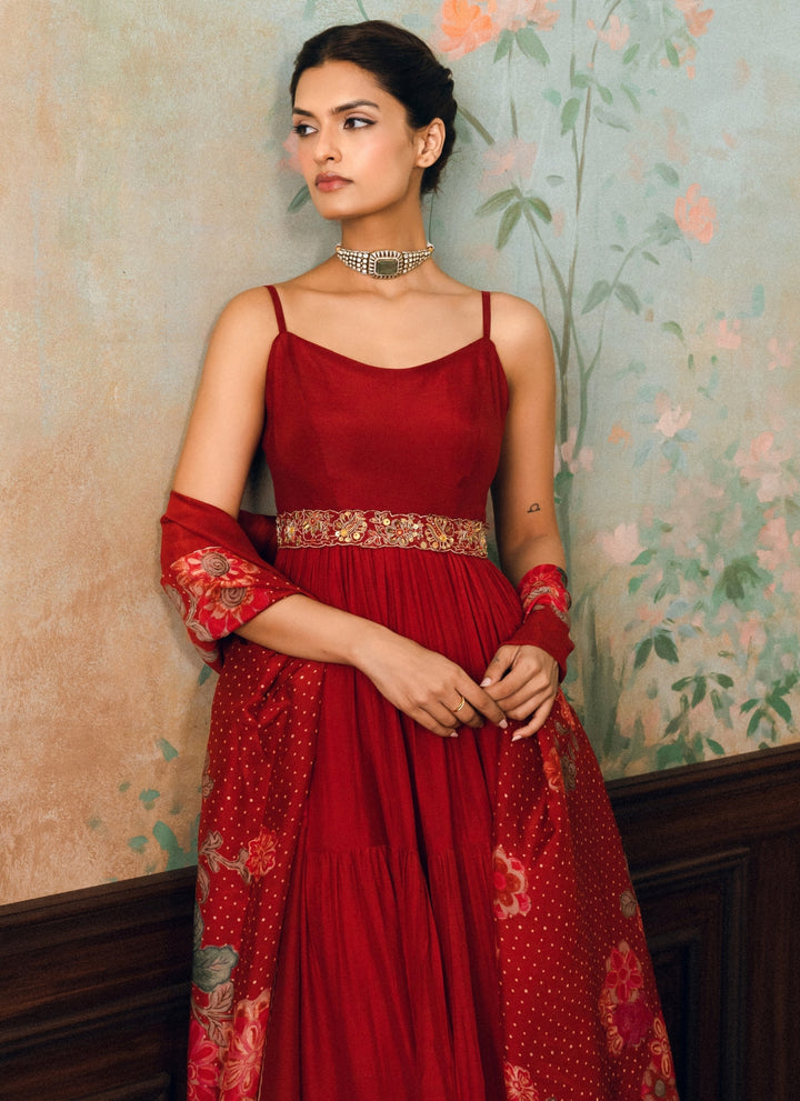 Crimson Red Silk Anarkali Gown