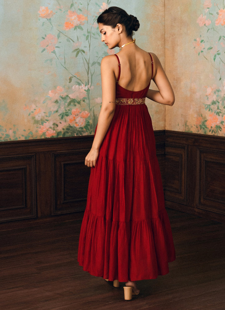 Crimson Red Silk Anarkali Gown