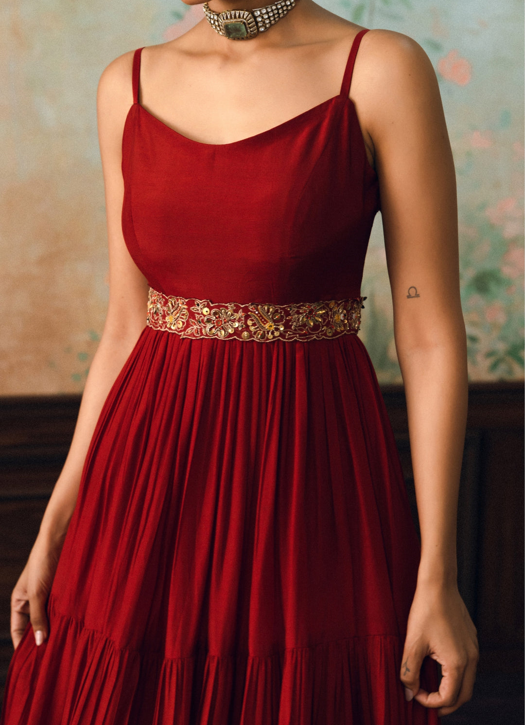 Crimson Red Silk Anarkali Gown