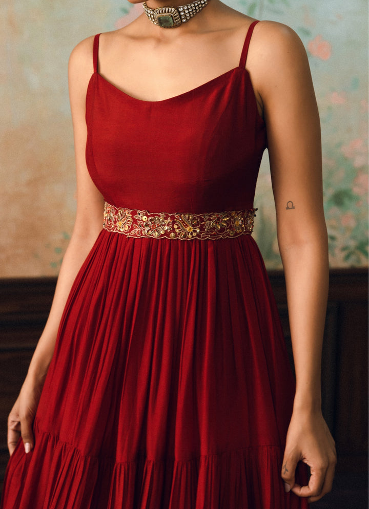Crimson Red Silk Anarkali Gown