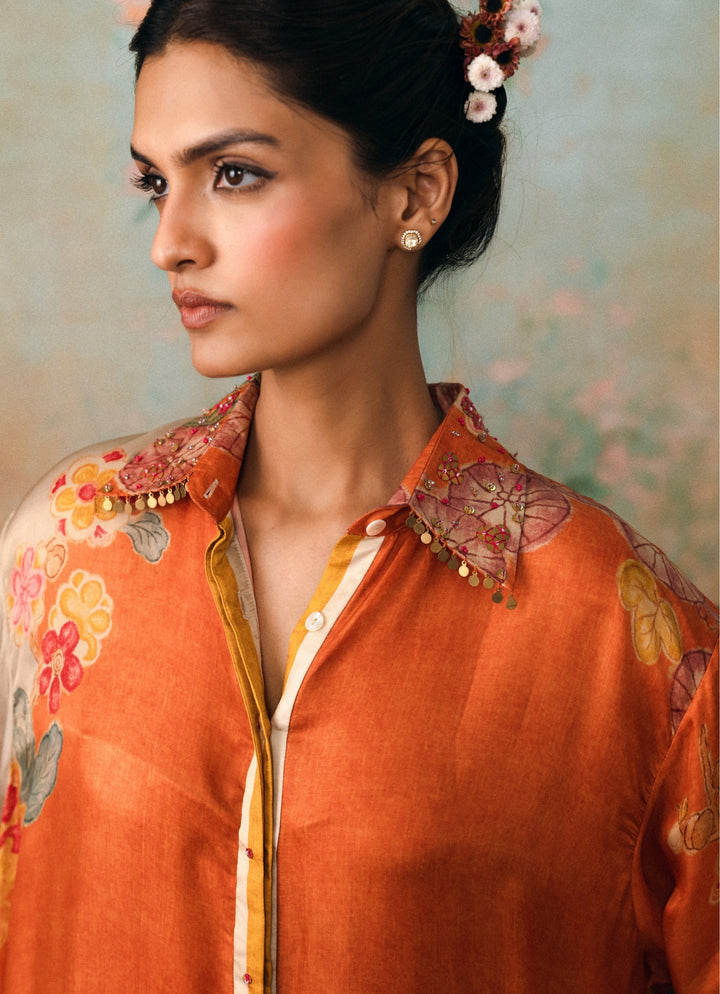 Rust Orange Satin Shirt Pants Set