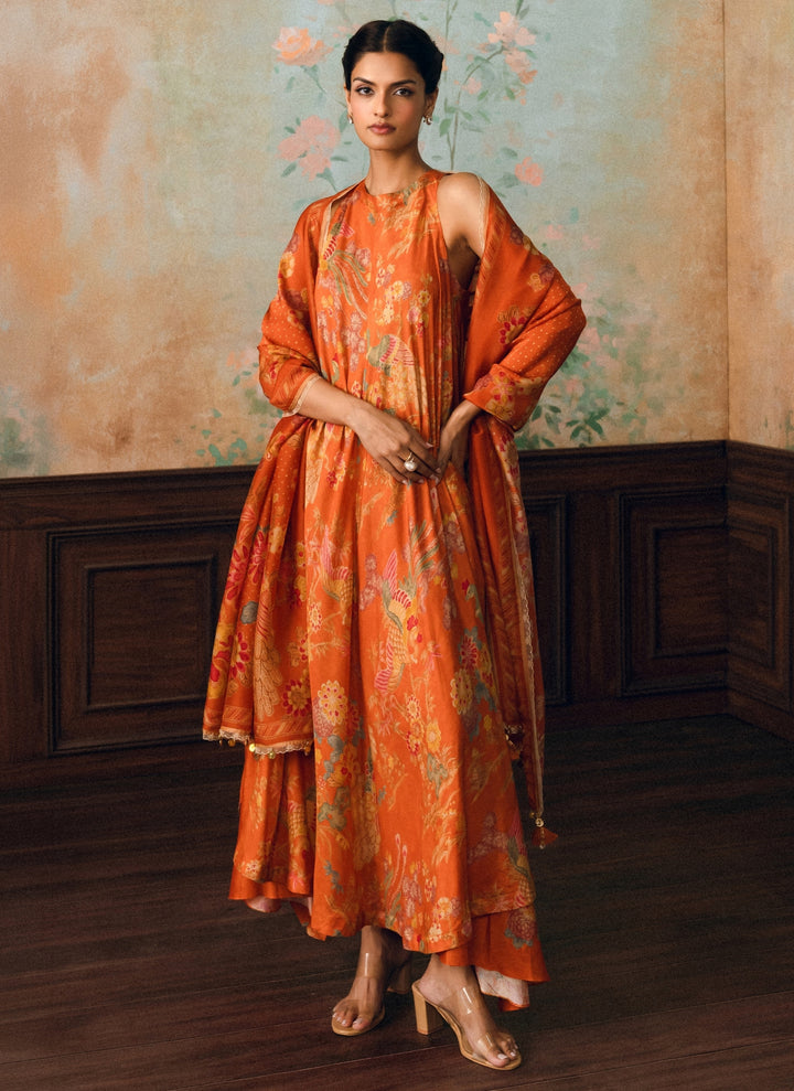 Rust Orange Printed Silk Kurta Pants Set