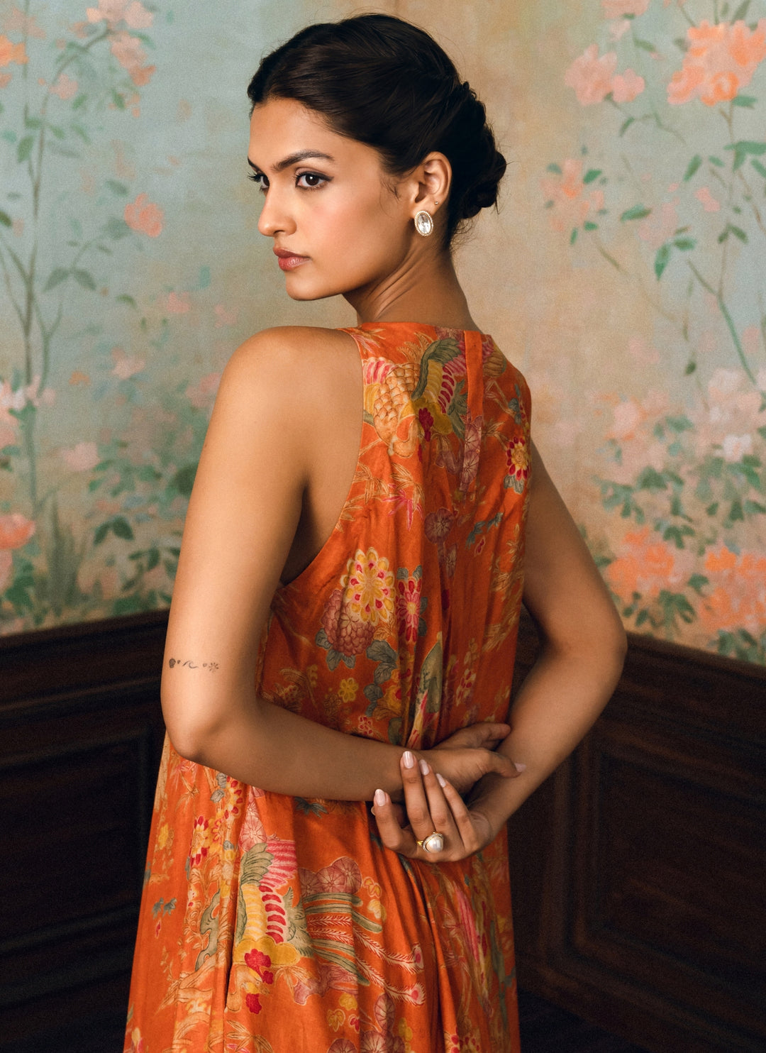 Rust Orange Printed Silk Kurta Pants Set