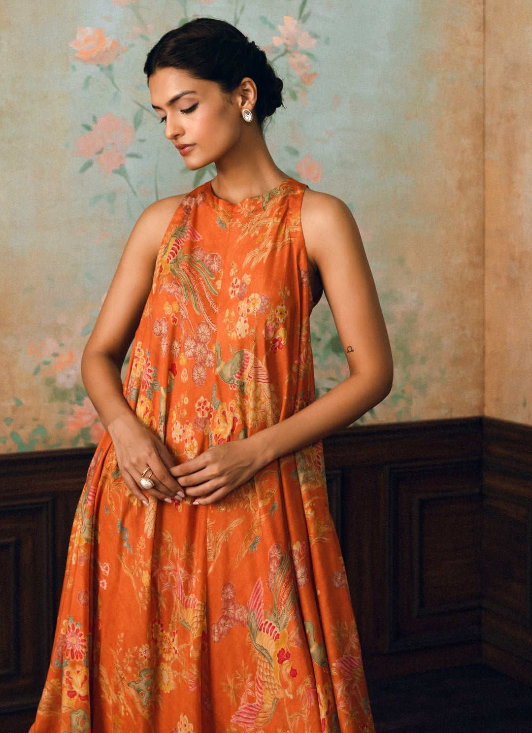 Rust Orange Printed Silk Kurta Pants Set