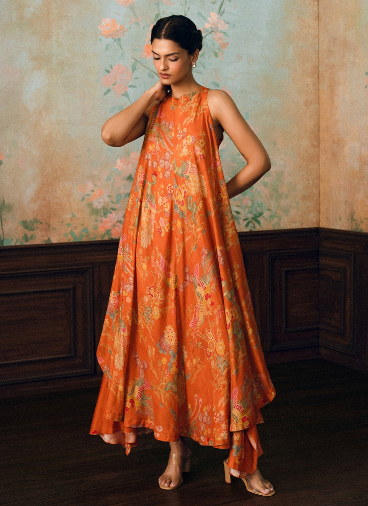 Rust Orange Printed Silk Kurta Pants Set