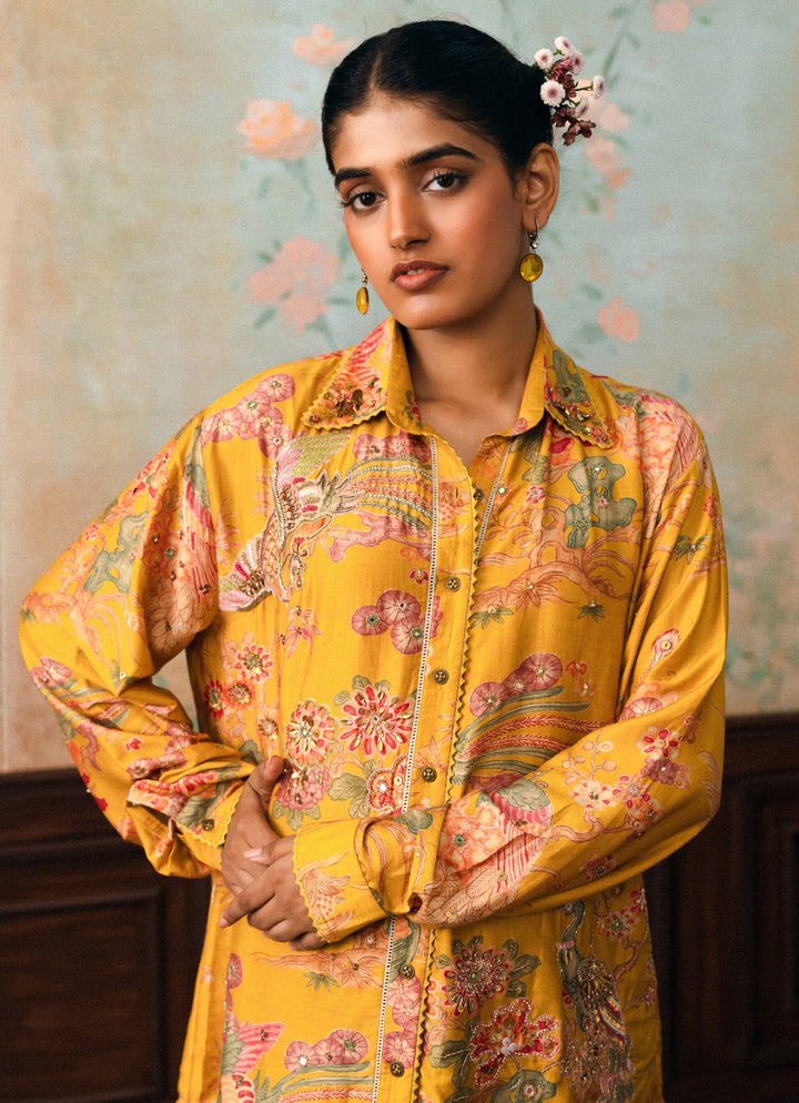 Mustard Yellow Printed Silk Shirt