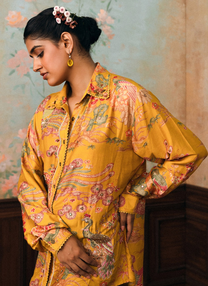Mustard Yellow Printed Silk Shirt