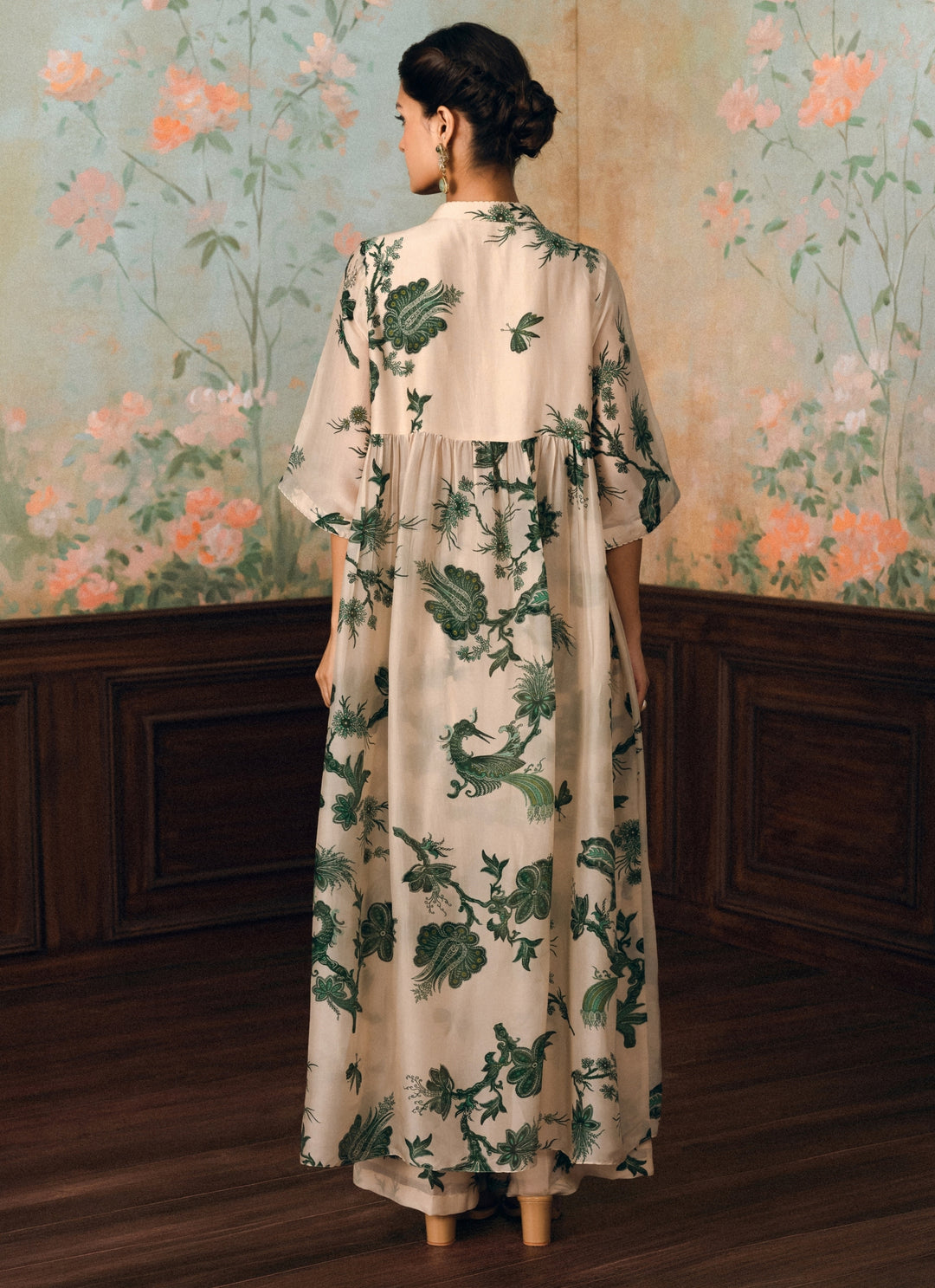Ivory And Green Silk Kurta Pants Set