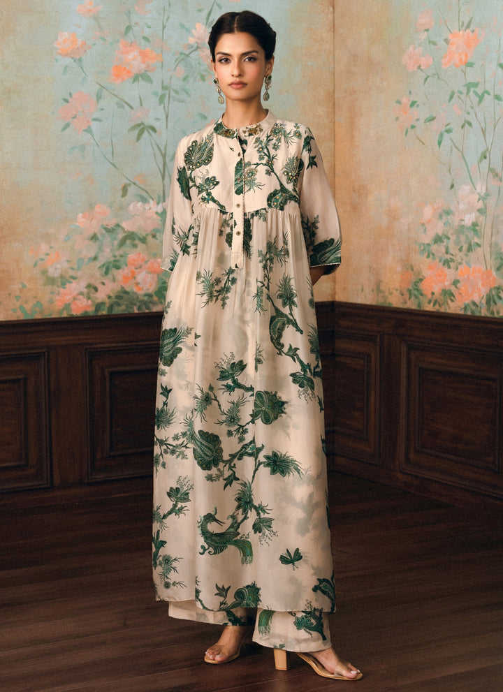 Ivory And Green Silk Kurta Pants Set
