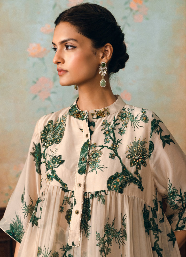 Ivory And Green Silk Kurta Pants Set