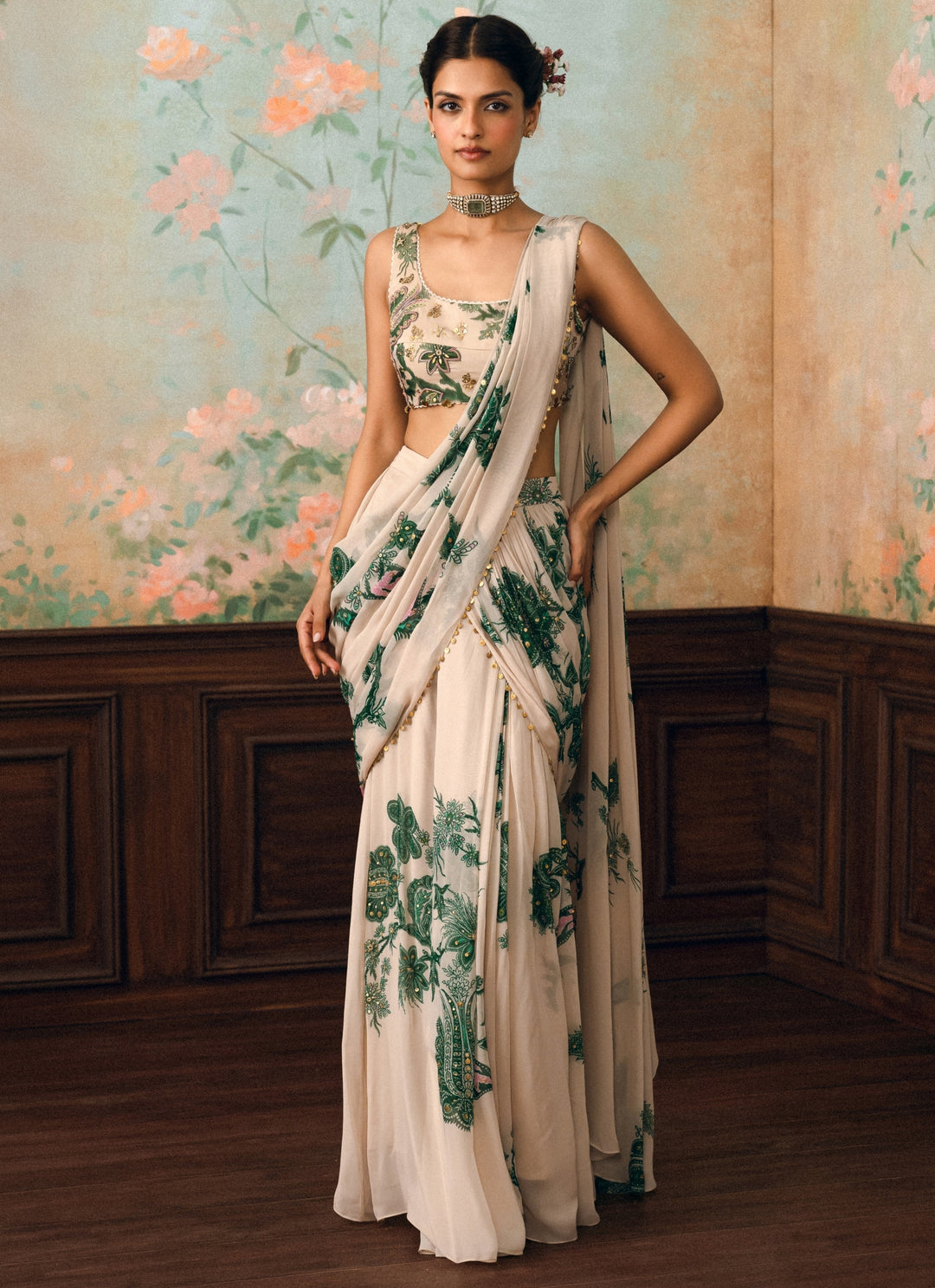 Ivory And Green Printed Georgette Pre-Draped Saree
