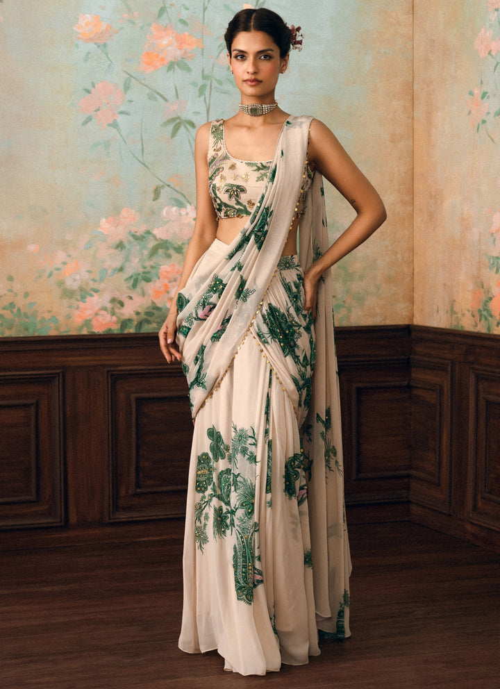 Ivory And Green Printed Georgette Pre-Draped Saree