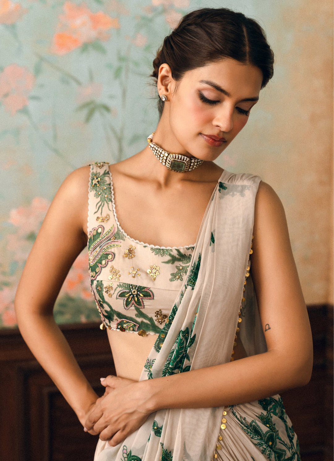 Ivory And Green Printed Georgette Pre-Draped Saree