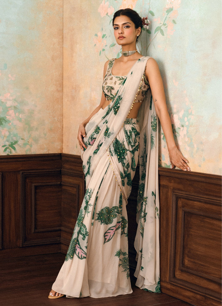 Ivory And Green Printed Georgette Pre-Draped Saree