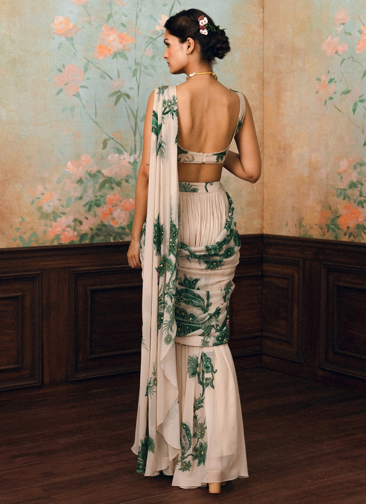 Ivory And Green Printed Georgette Pre-Draped Saree