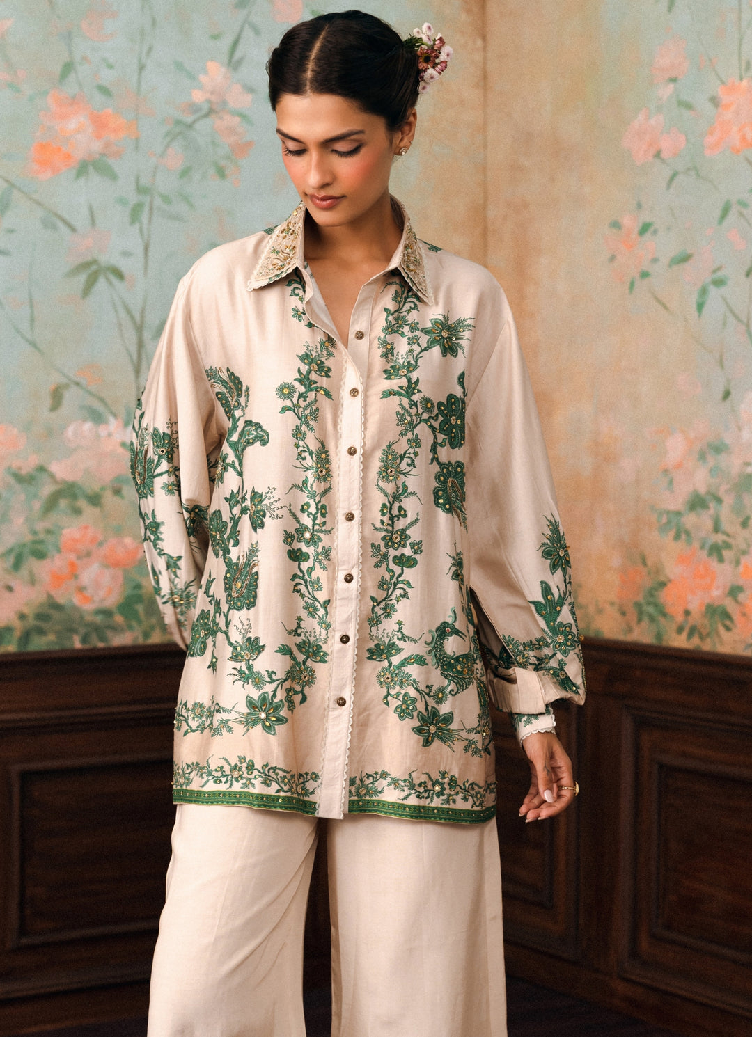 Ivory And Green Printed Silk Shirt
