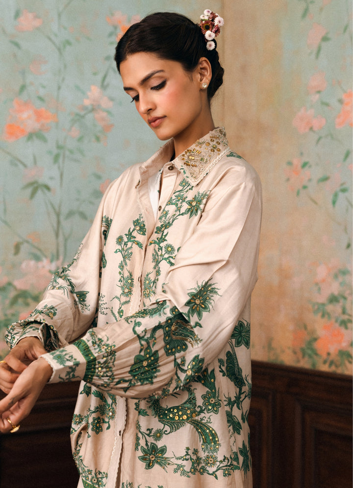 Ivory And Green Printed Silk Shirt