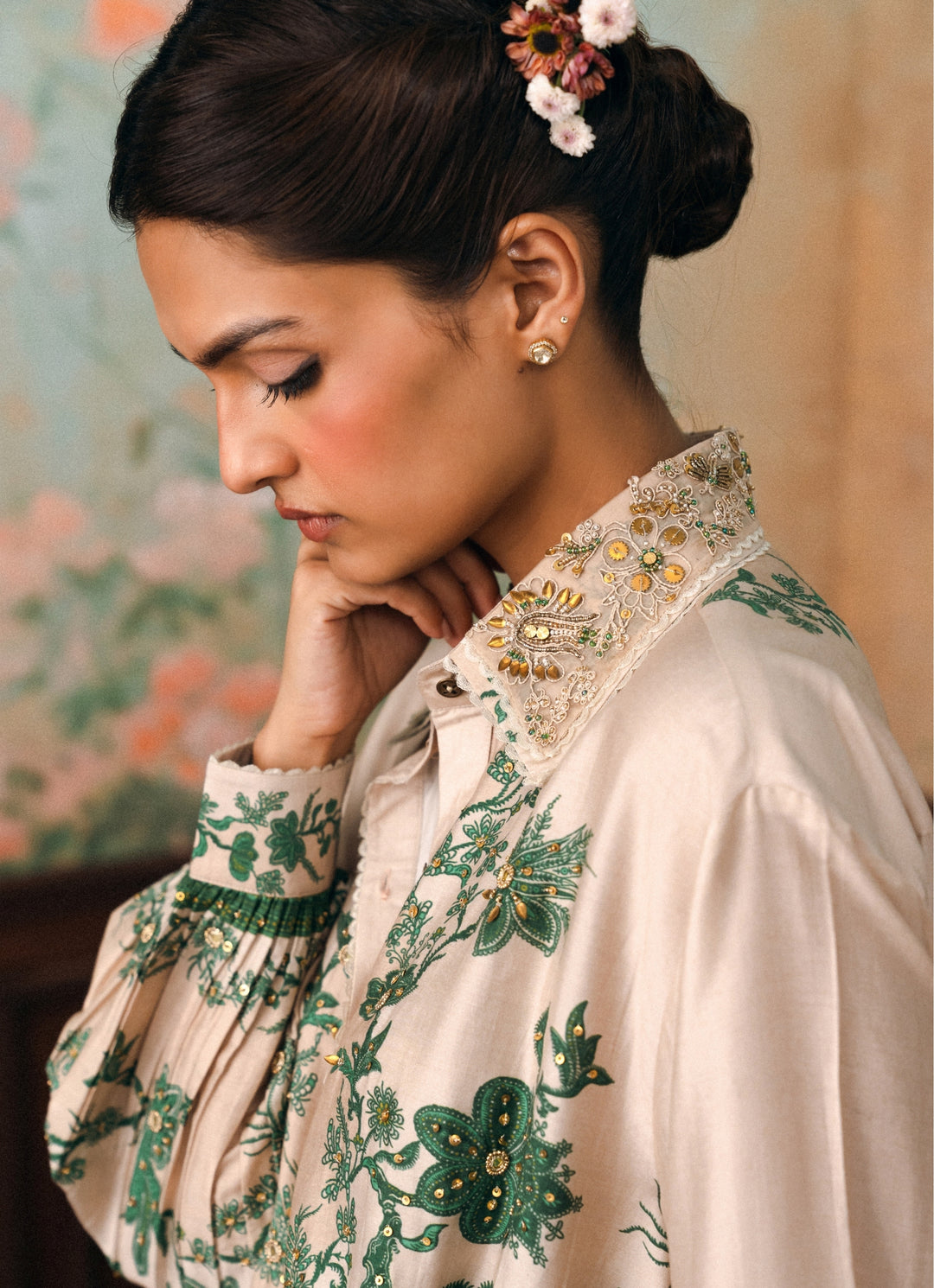 Ivory And Green Printed Silk Shirt