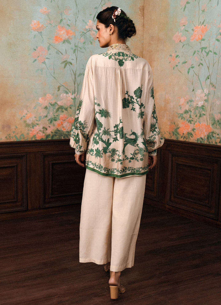 Ivory And Green Printed Silk Shirt