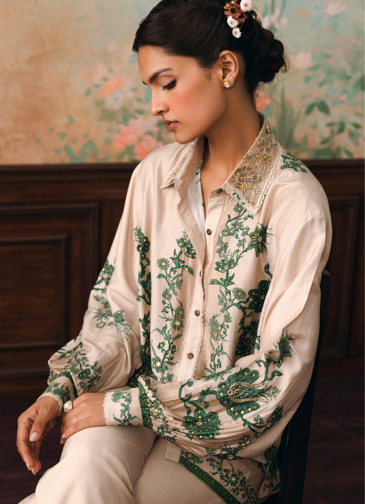 Ivory And Green Printed Silk Shirt