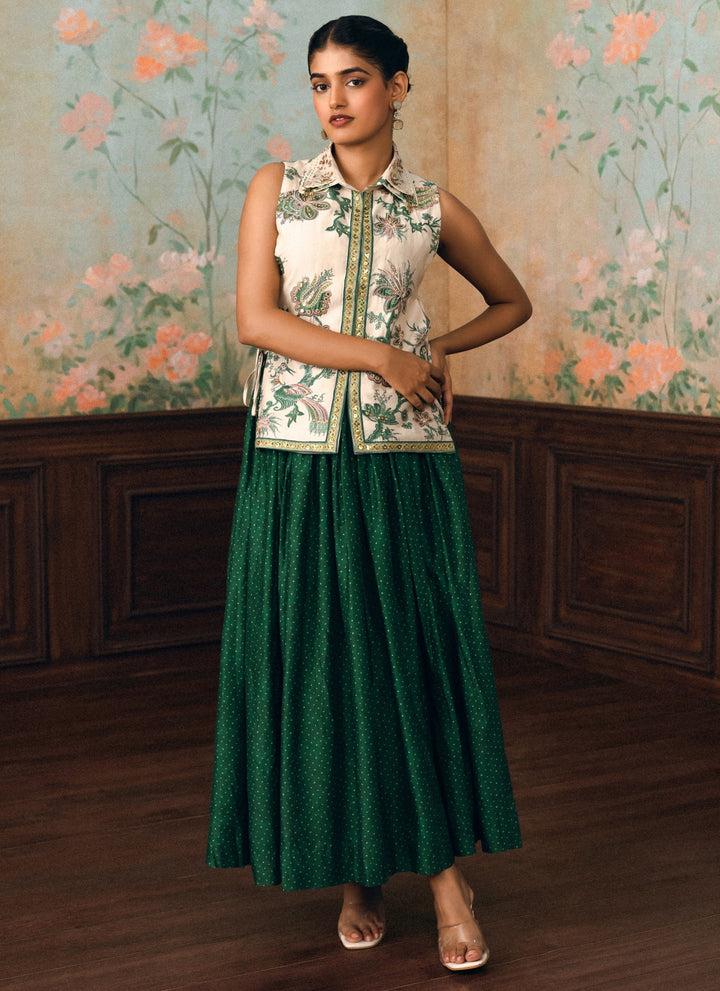 Ivory And Green Printed Silk Skirt Set