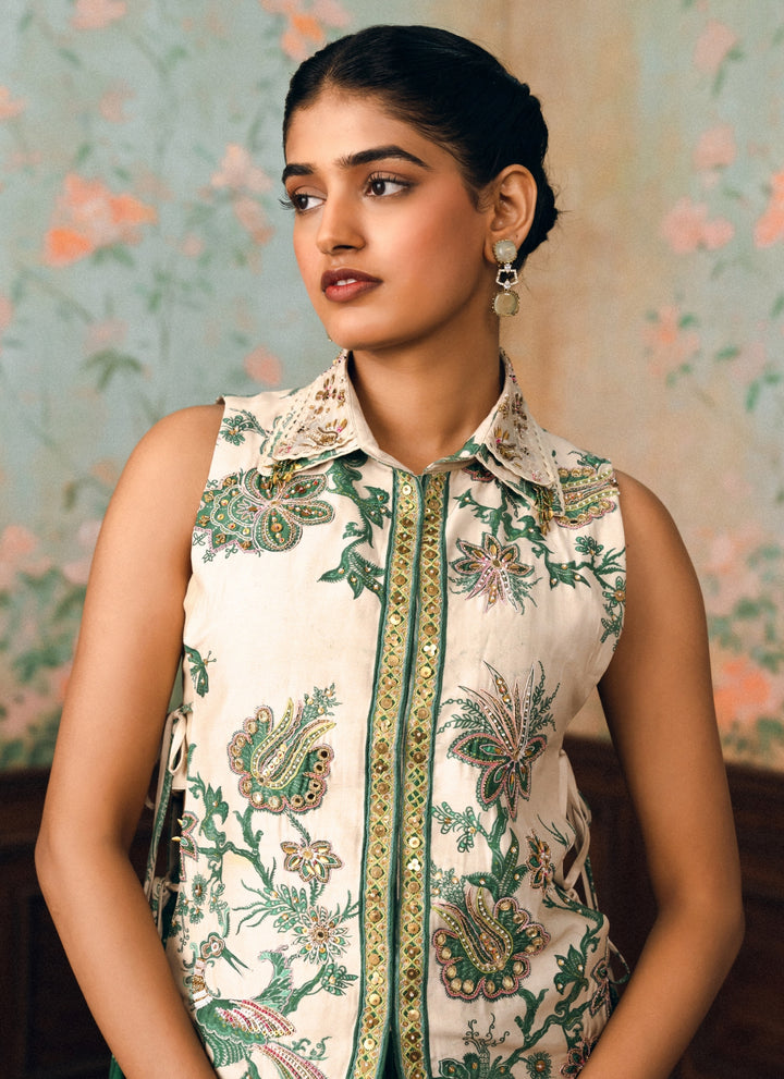 Ivory And Green Printed Silk Skirt Set