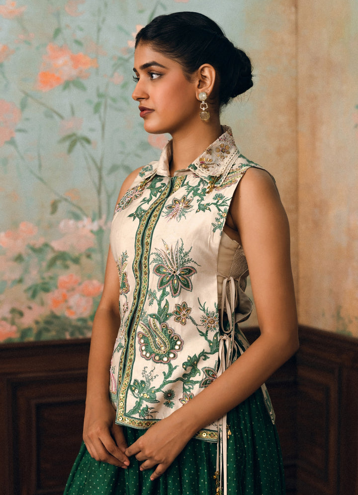 Ivory And Green Printed Silk Skirt Set