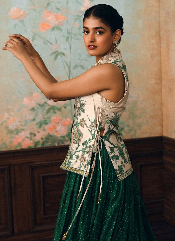 Ivory And Green Printed Silk Skirt Set