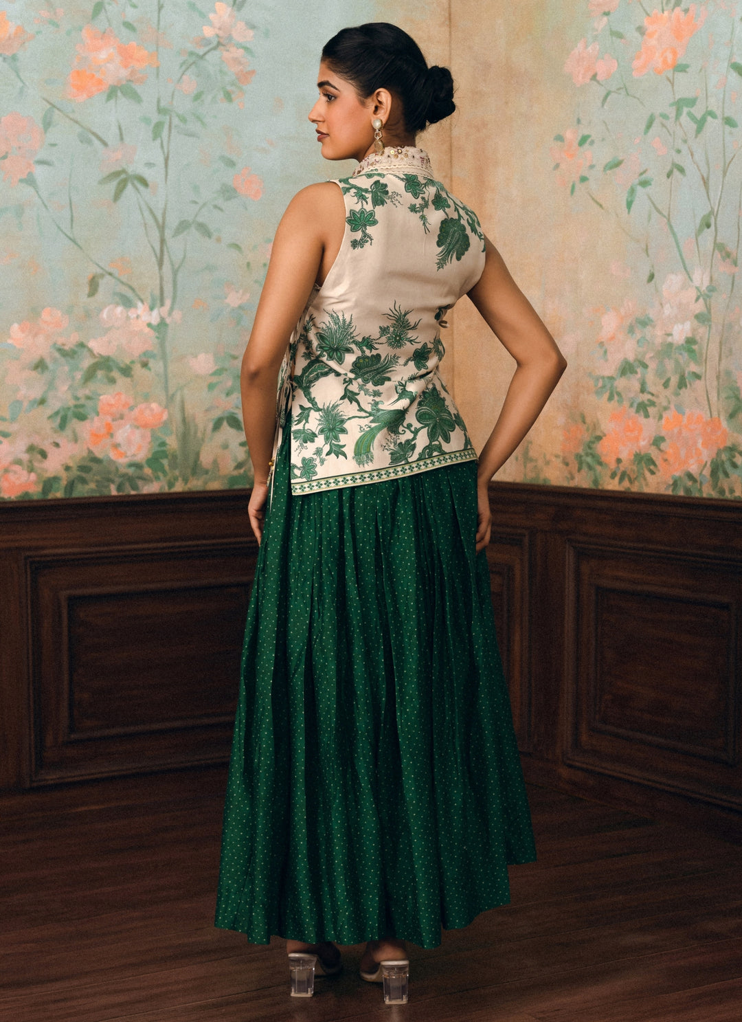Ivory And Green Printed Silk Skirt Set