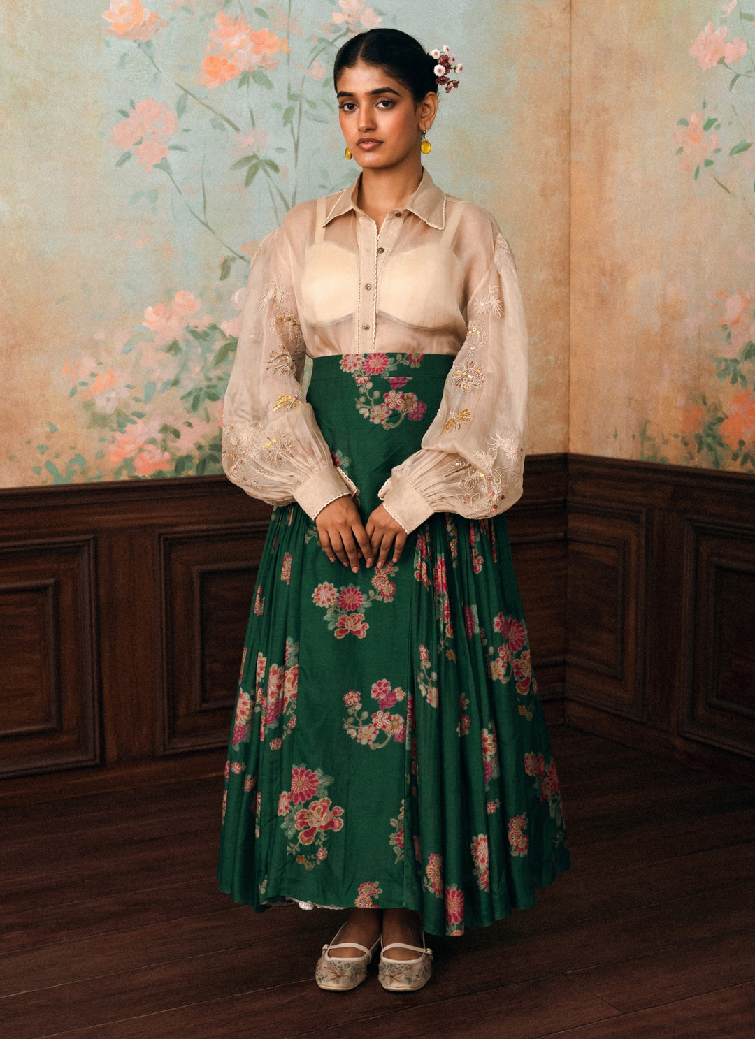 Ivory And Green Cotton Silk Skirt Set
