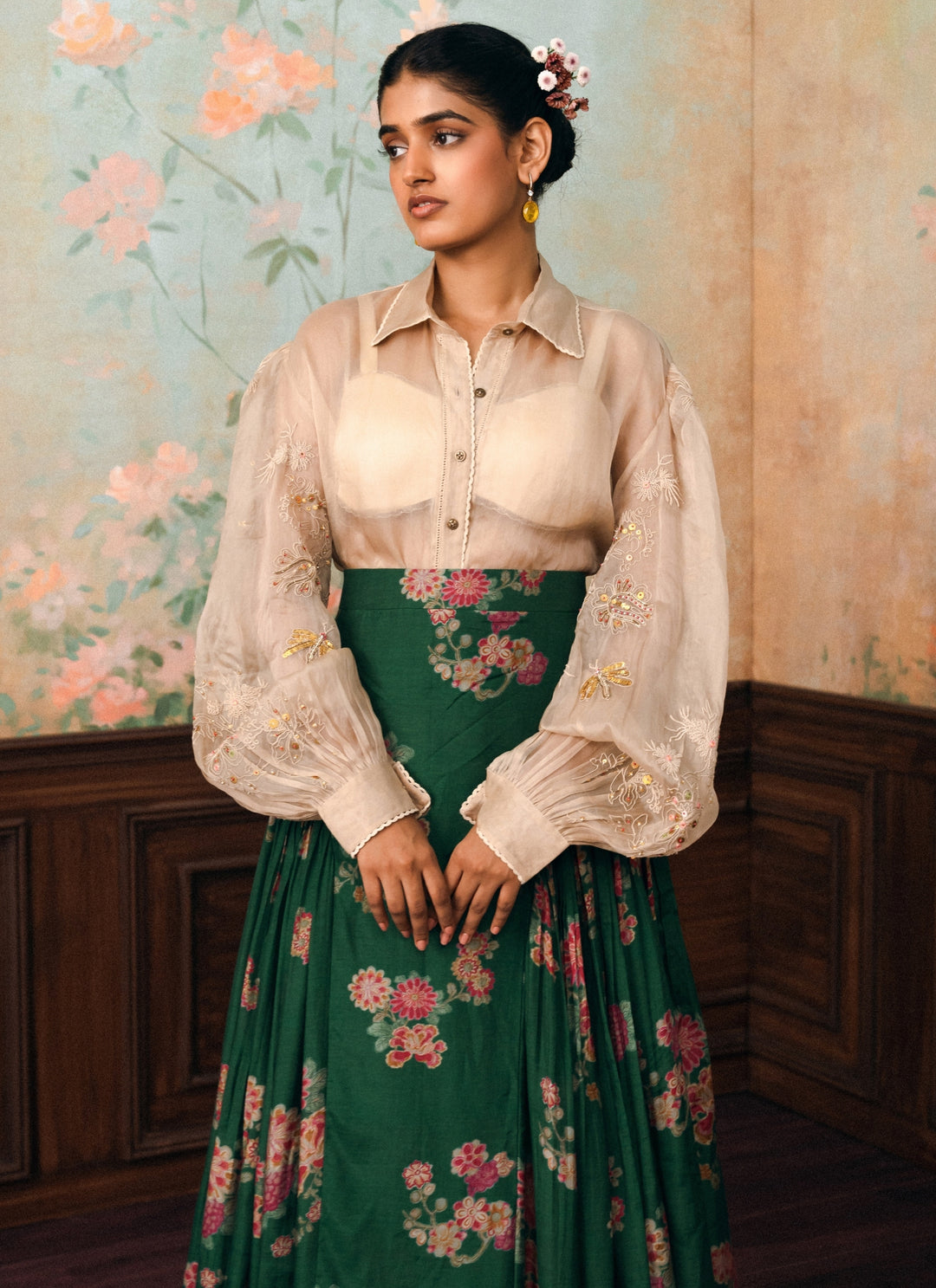 Ivory And Green Cotton Silk Skirt Set