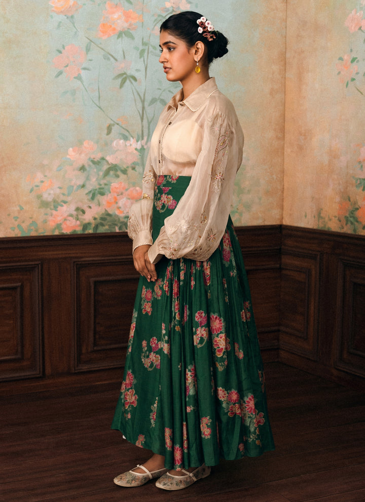 Ivory And Green Cotton Silk Skirt Set